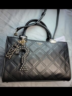 Guess Status Girlfriend Satchel, Black Quilted Handbag with Charms NWT